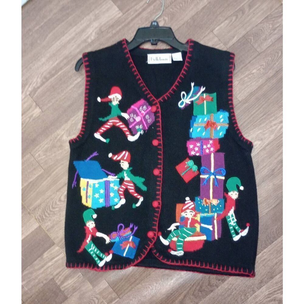 Christmas sweater. Vest , cardigan. Belle pointe elves. Size Large